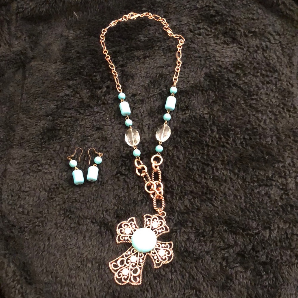 Faux turquoise/brass cross necklace and earrings - NWOT